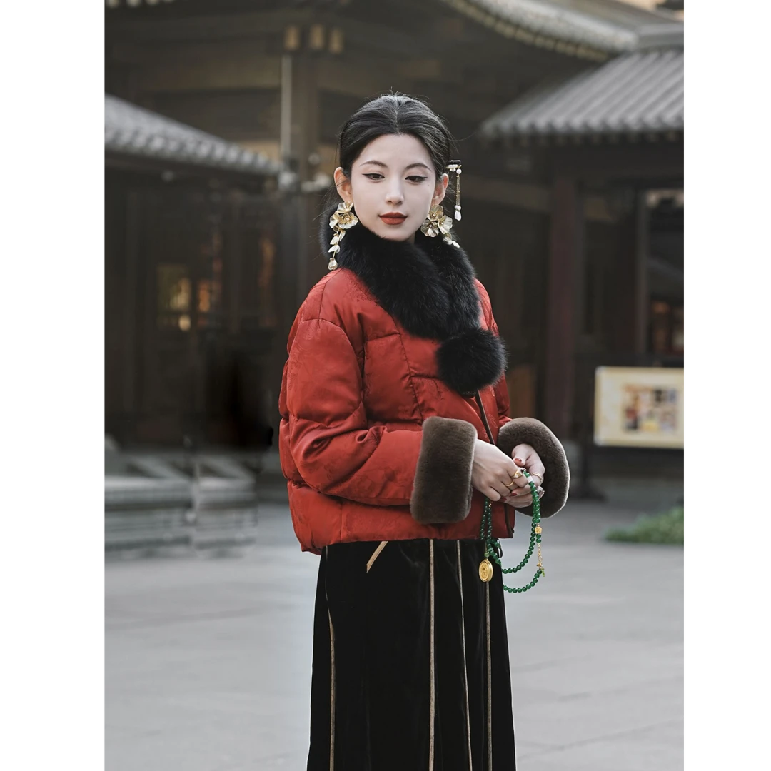 【惊喜】新中式红色短款羽绒服女冬季拼接獭兔毛唐装厚外套F9978