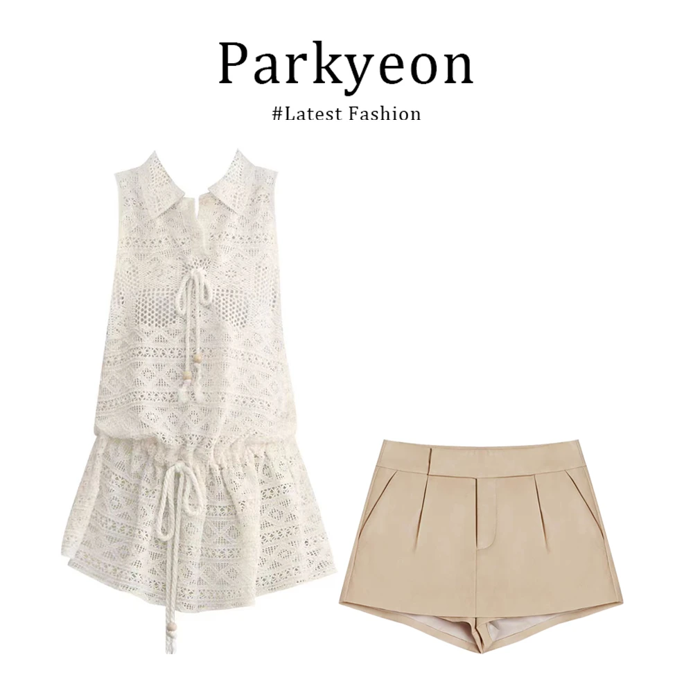 parkyeon夏季小众设计感镂空针织收腰翻领背心上衣高腰短裙套装