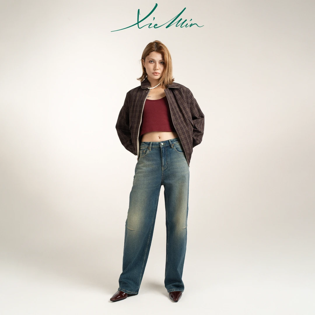 谢敏复古丹宁老钱风立体剪裁弯刀牛仔裤香蕉裤女抖音双11好物