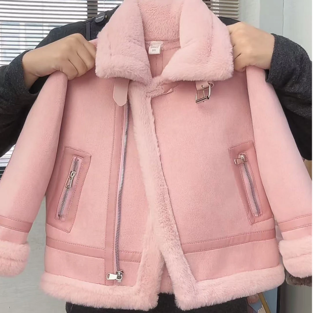 2025冬季新款女童皮毛一体外套中大童洋气翻领衣服时尚韩版机车服