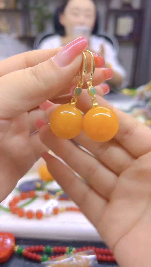 蜜蜡14K金镶嵌耳饰DIY款E893