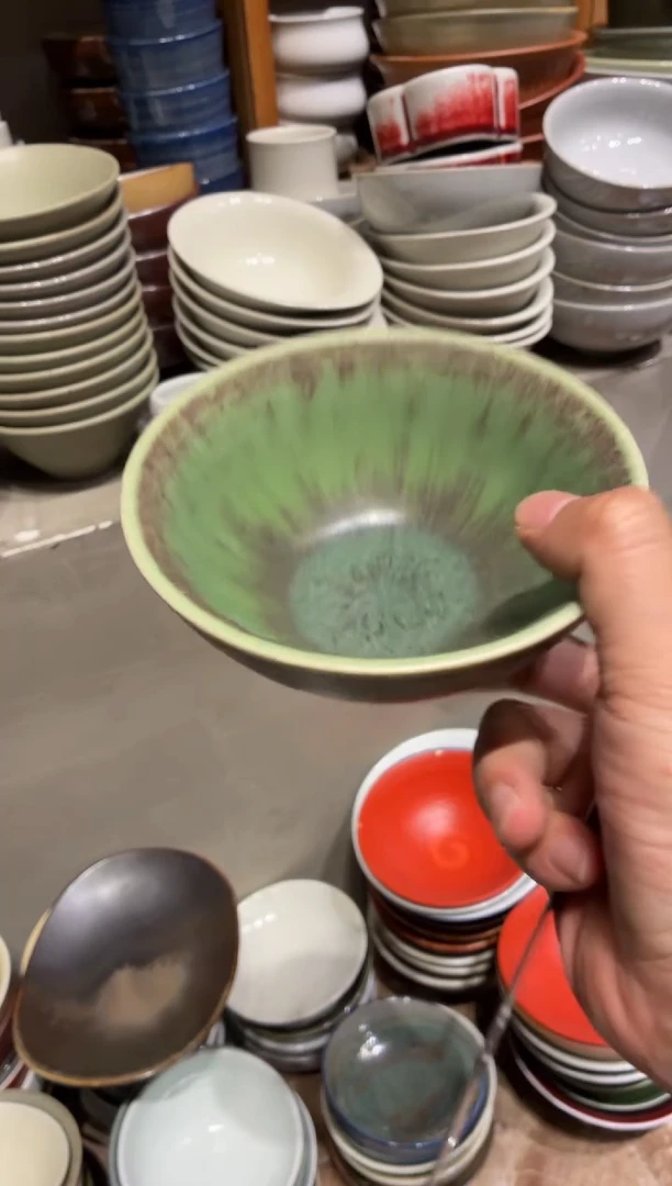 瓷片普**蓝110绿色手工万福碗1个