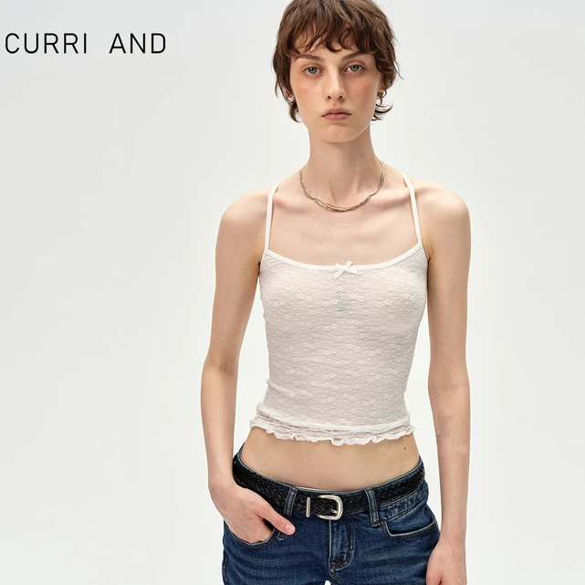 CURRI AND 纯色微透花边设计感露肩显瘦蕾丝下摆花边背心吊带女