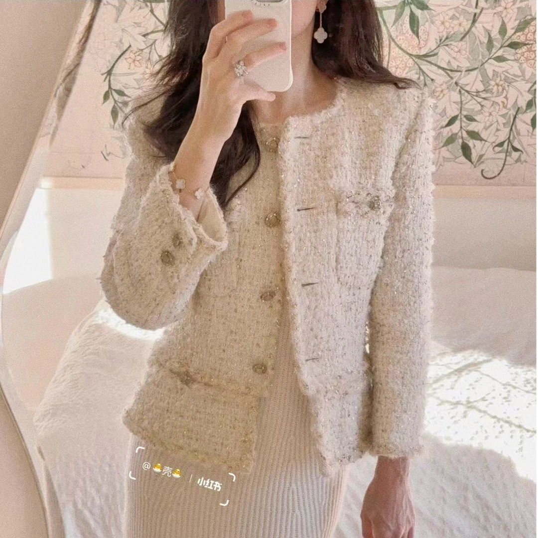 99新 Chanel/香奈儿 埃及白金琉璃扣粗花呢外套/F42/编号3216