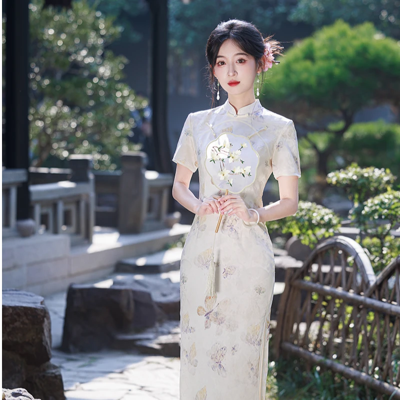 显瘦气质小个子少女夏季修身日常优雅印花旗袍复古中国风中式