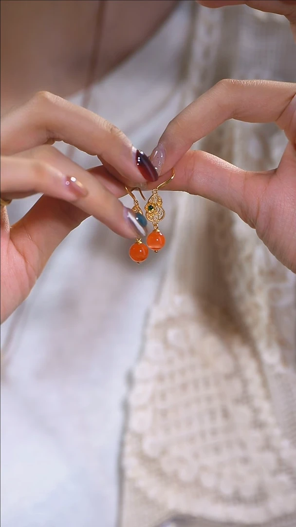 银S925镀金镶嵌南红玛瑙耳饰南红葫芦耳饰