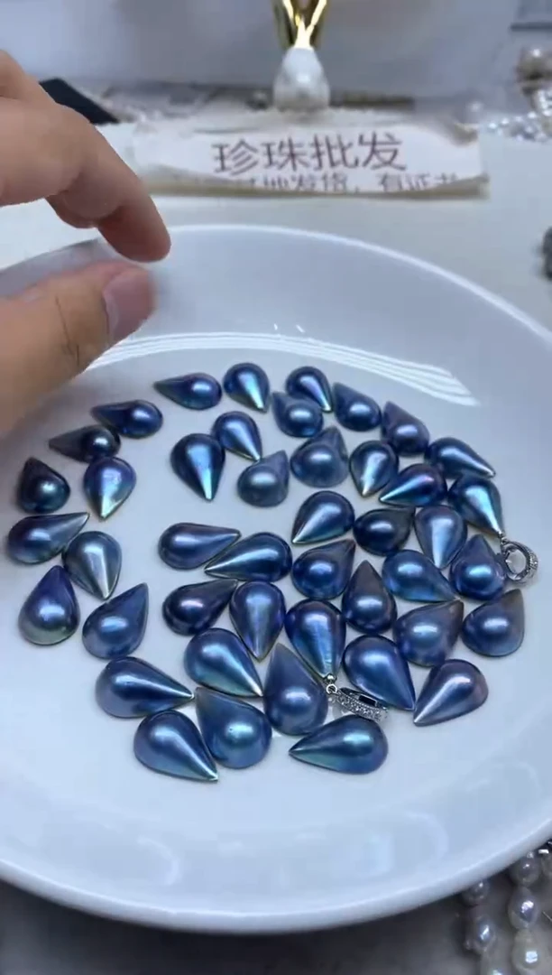 银S925镶嵌拼合珍珠（马贝珠）颈饰蓝色水滴发1