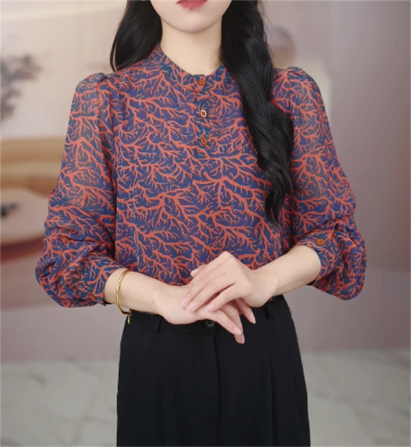 火树银花2025国风复古印花长袖衬衫女士春装新款气质减龄小衫