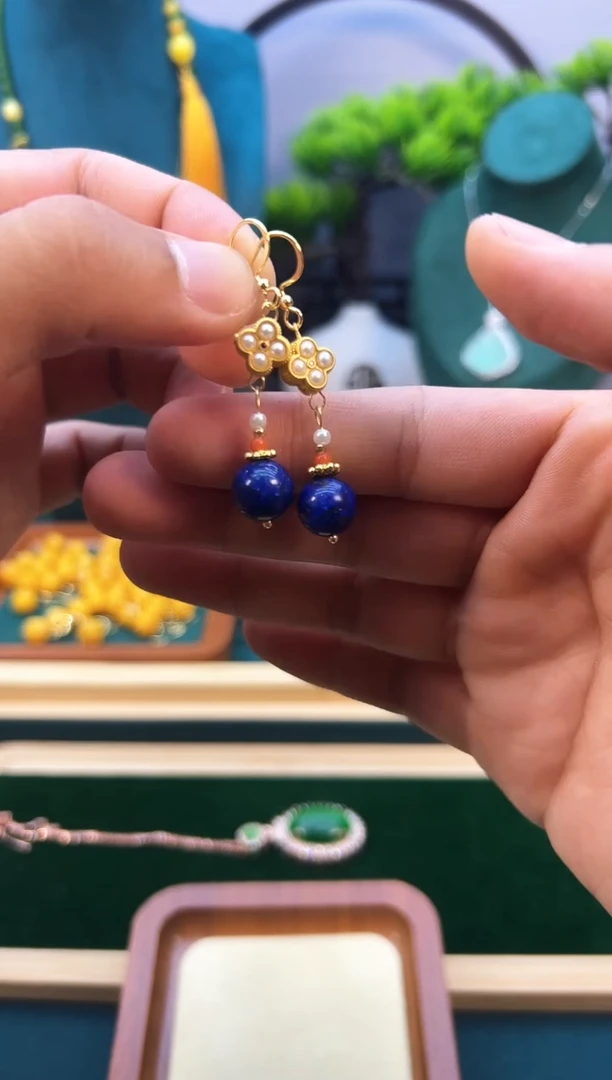 青金石14K金镶嵌耳饰E409