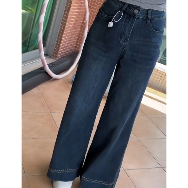 复古牛仔直筒裤女早秋新款窄版遮肉显瘦时尚百搭款高腰阔腿裤女