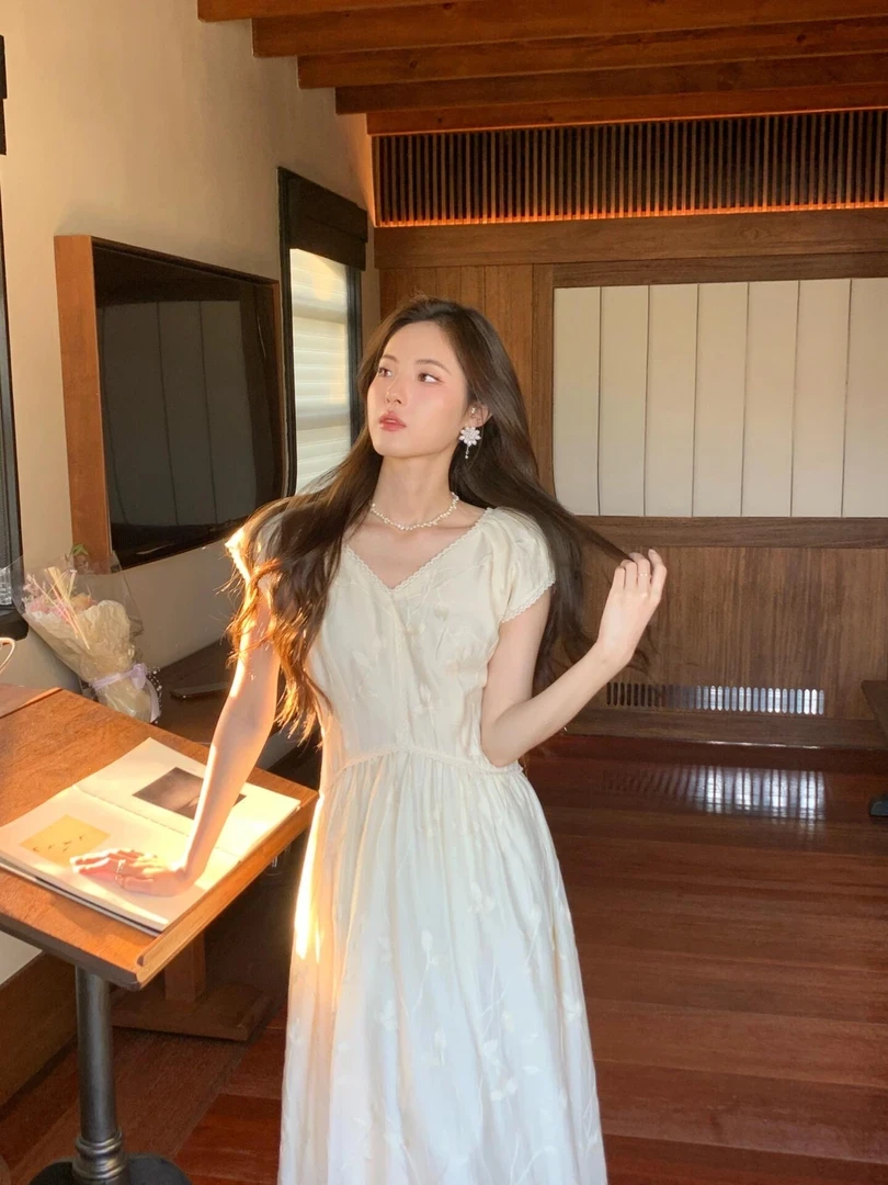 雅韵繁华温柔气质重工刺绣V领夏季收腰显瘦长款连衣裙v领女