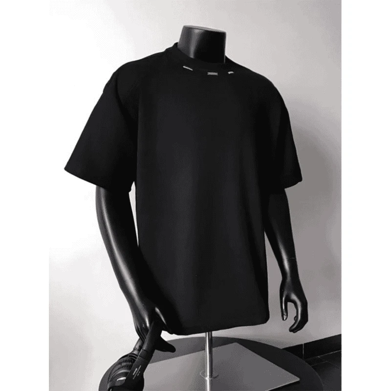 黑色小领口重磅boxy短袖t恤男夏季金属设计美式cleanfit穿搭半袖