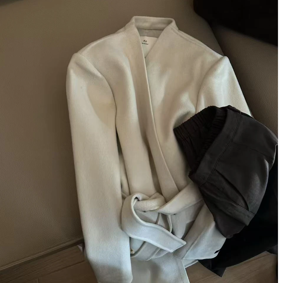 高品质极简V领高支超细羊毛大衣