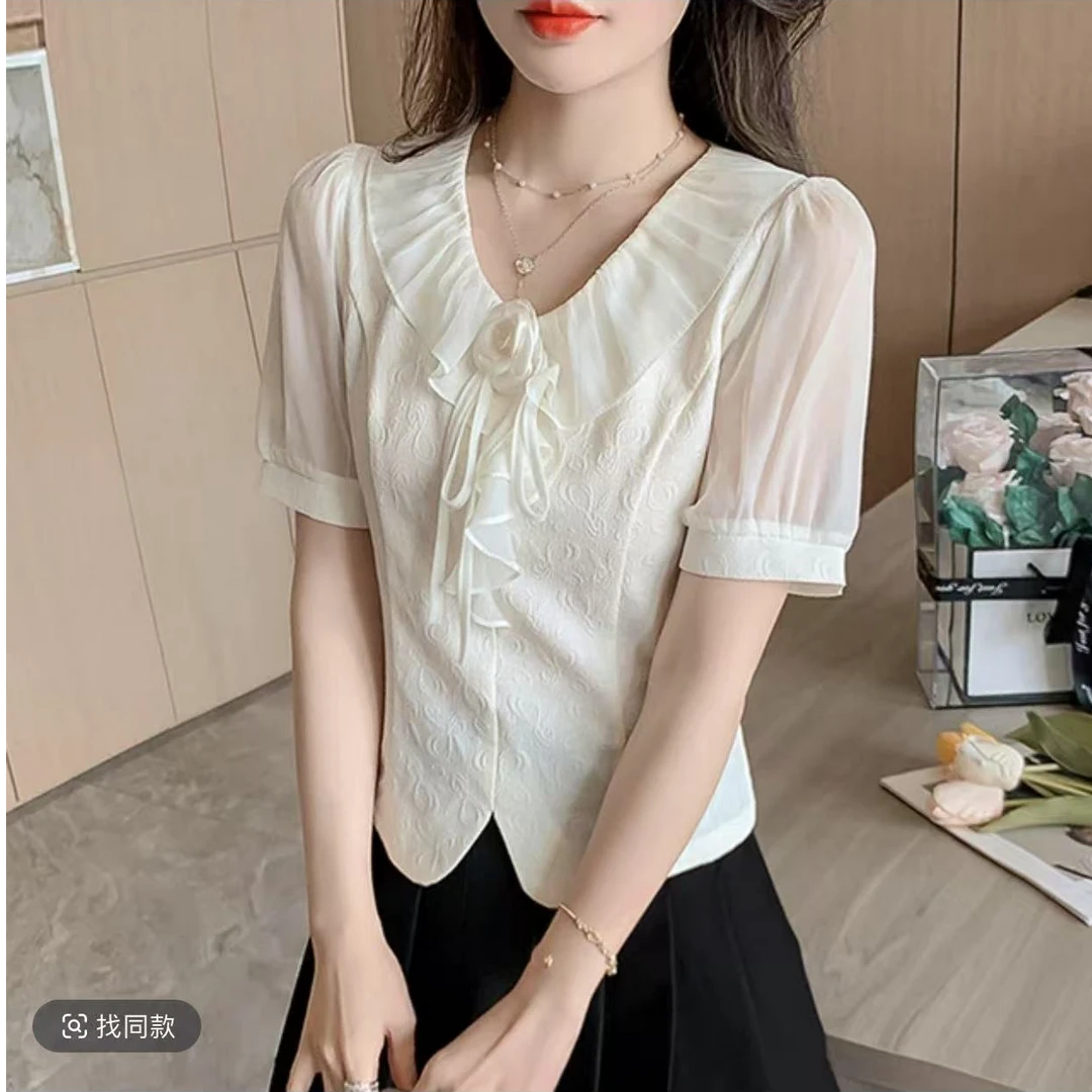 夏季法式高级感短袖女新款时尚漂亮短款小衫上衣086#