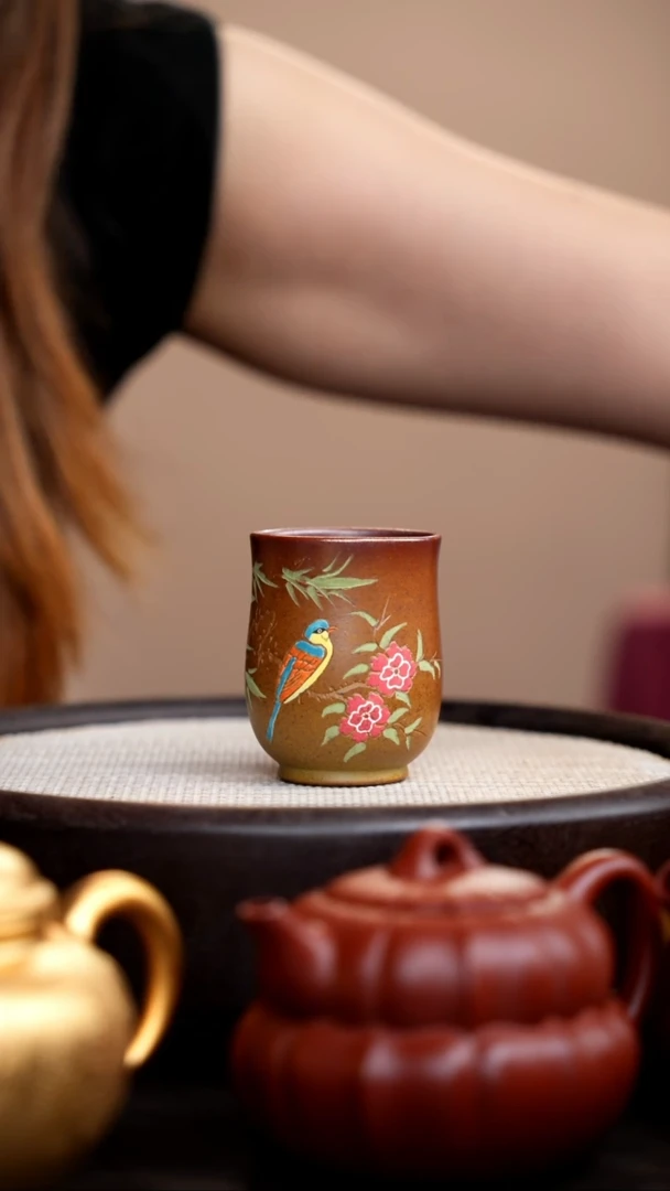 茶壶紫砂柴烧收腰杯彩刻蓝鸟