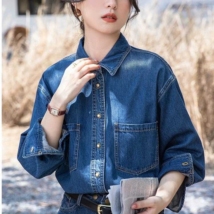 【工厂直发】加绒加厚牛仔衬衫女秋冬叠穿韩版衬衣宽松蓝色翻领上衣