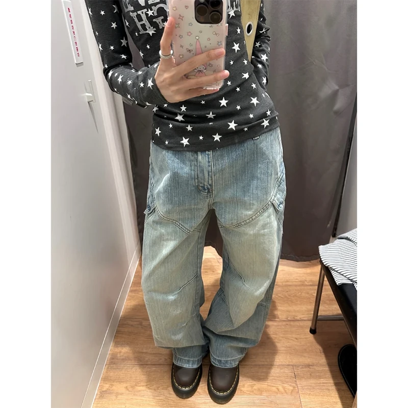 复古竹节纹高级感牛仔裤女2025秋季显瘦宽松遮跨垂感直筒阔腿裤子