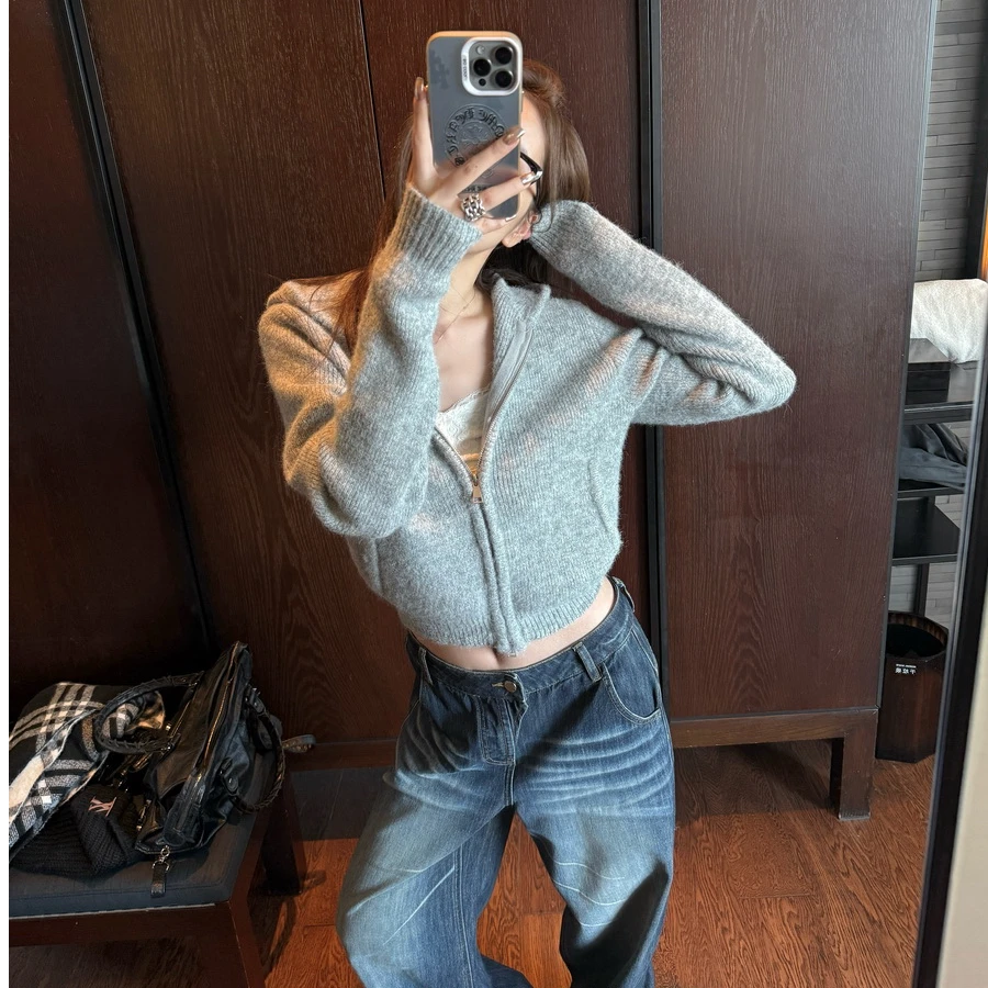 慵懒休闲拉链纹双针织连帽外套毛衣2025秋冬新款韩系宽松显瘦开衫