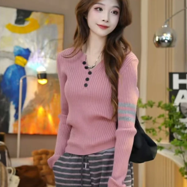 笑歌【三条杠撞色针织打底衫】新款百搭针织打底衫