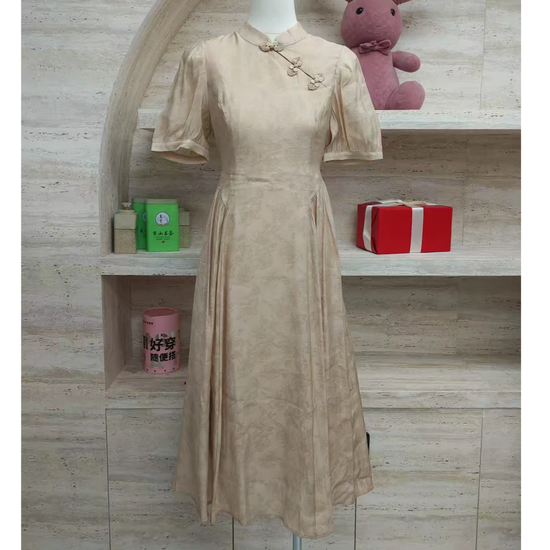 轻熟风显瘦连衣裙少女修身长款短袖优雅复古长裙中国风夏季