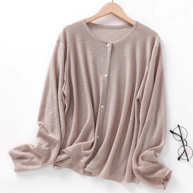 夏季薄款亚麻防晒衣女圆领长袖针织开衫宽松休闲简约韩版外套空调