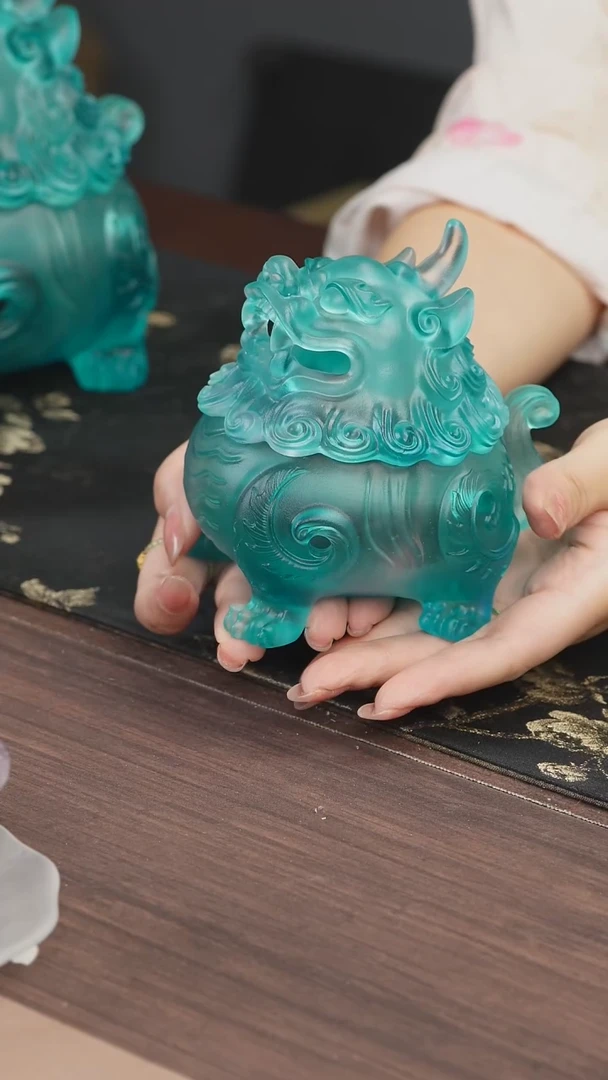 手工艺品琉璃蓝色狻猊香炉中号