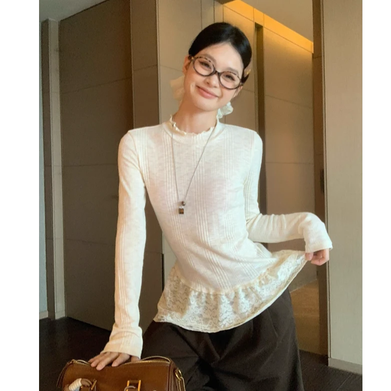 杏色木耳边内搭打底衫t恤女秋冬2025蕾丝花边修身长袖上衣