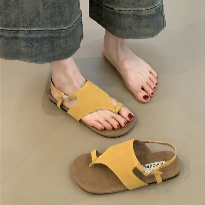 NQL-3055-16 复古套趾罗马凉鞋2025年夏季韩版森系磨砂沙滩凉鞋女