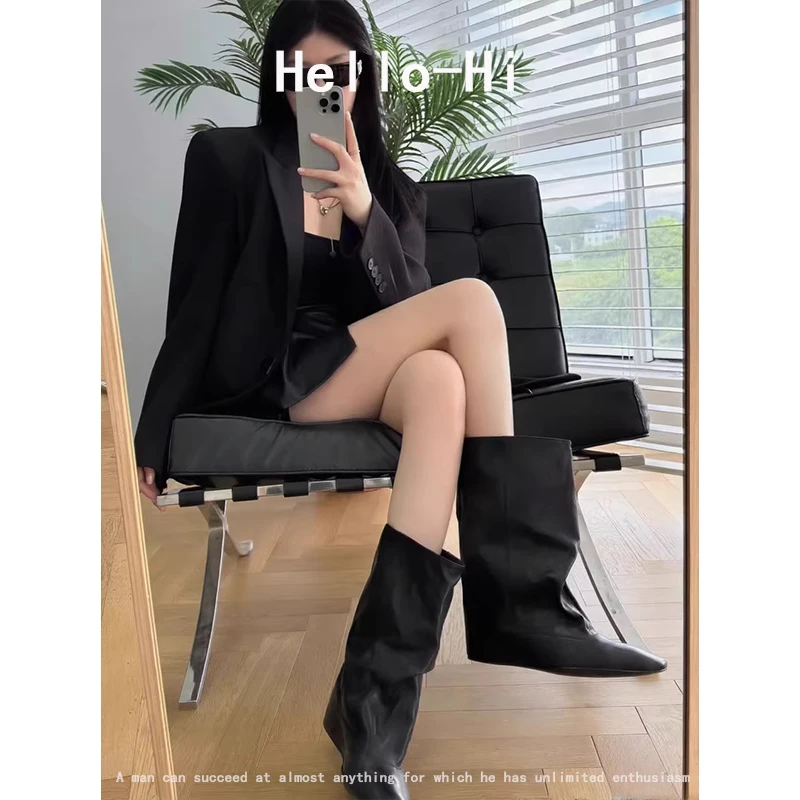 牛皮版~秋冬新款内增高方头宽松套筒中筒靴女时尚短靴时装骑士靴