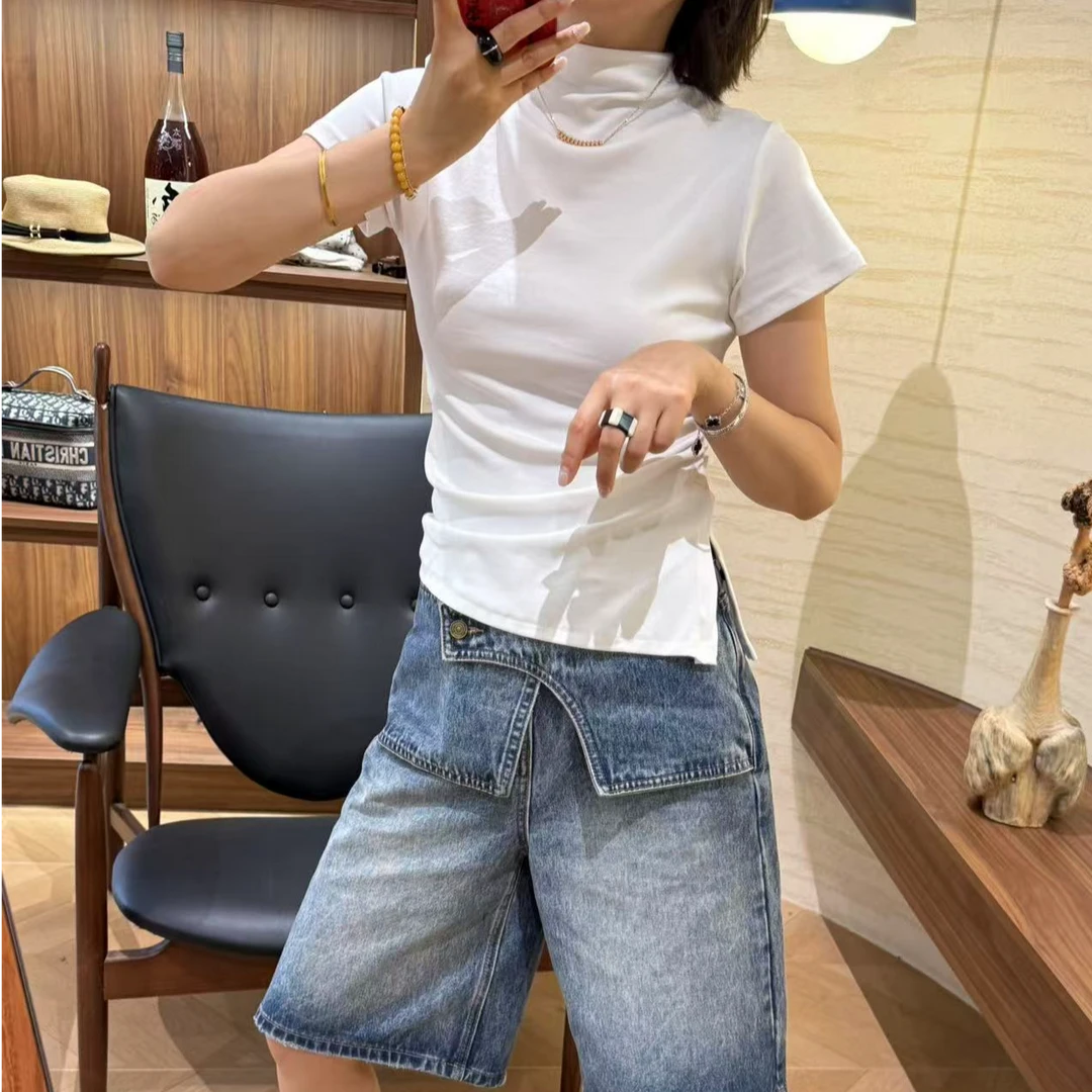 XMM【半高领开衩短袖T恤】时尚百搭潮流显瘦修身洋气夏季简约GZ7007