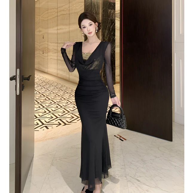 纯欲风秋季气质胸垫亮片抹胸拼接长袖荡领修身显瘦性感鱼尾连衣裙