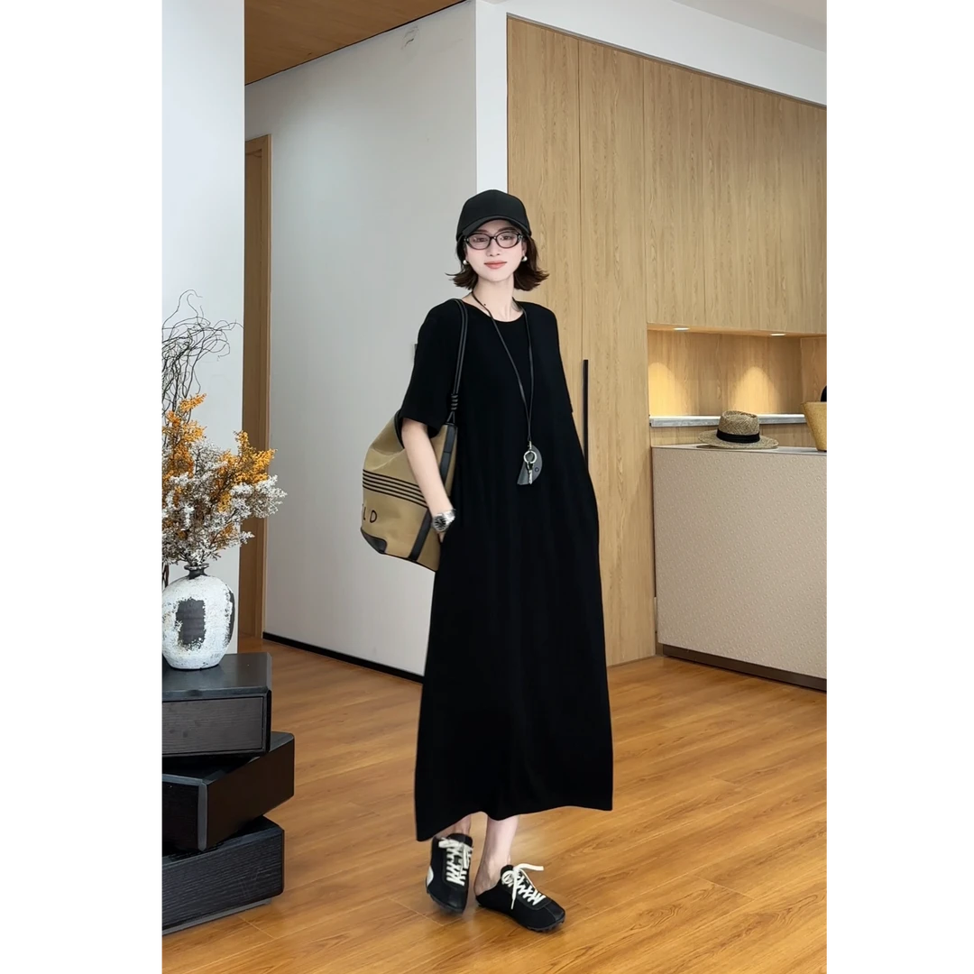 YYOUHAN 2025新款【黑色云】竖纹肌理感百搭醋酸连衣裙 2507C3875