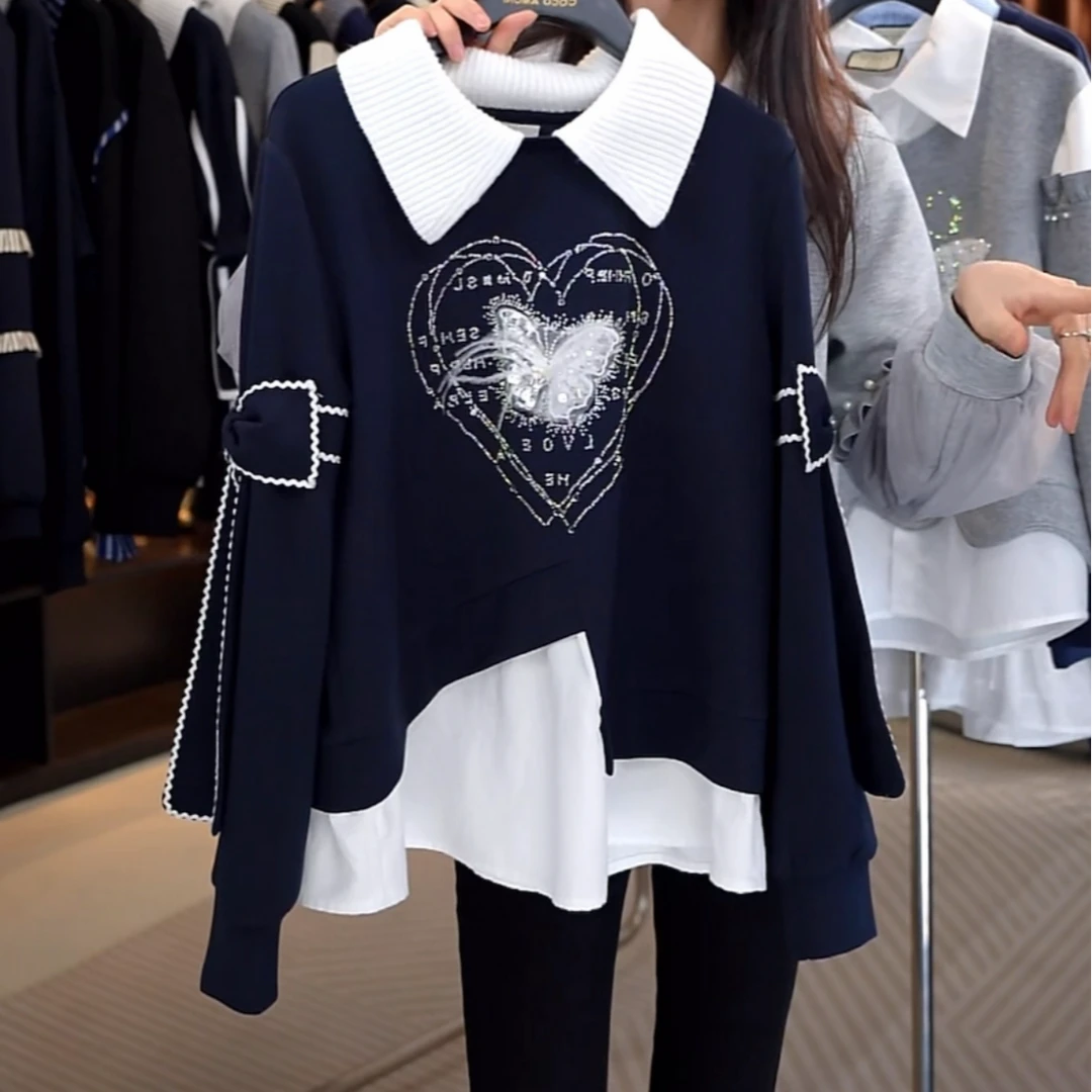 2025秋冬新款重工烫钻爱心拼接假两件翻领百搭减龄长袖设计感卫衣