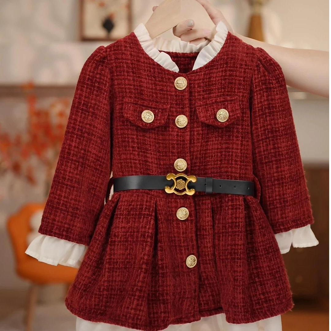 【新粉福利】秋冬加绒连衣裙女童小香风新款红色花边公主裙儿童裙子