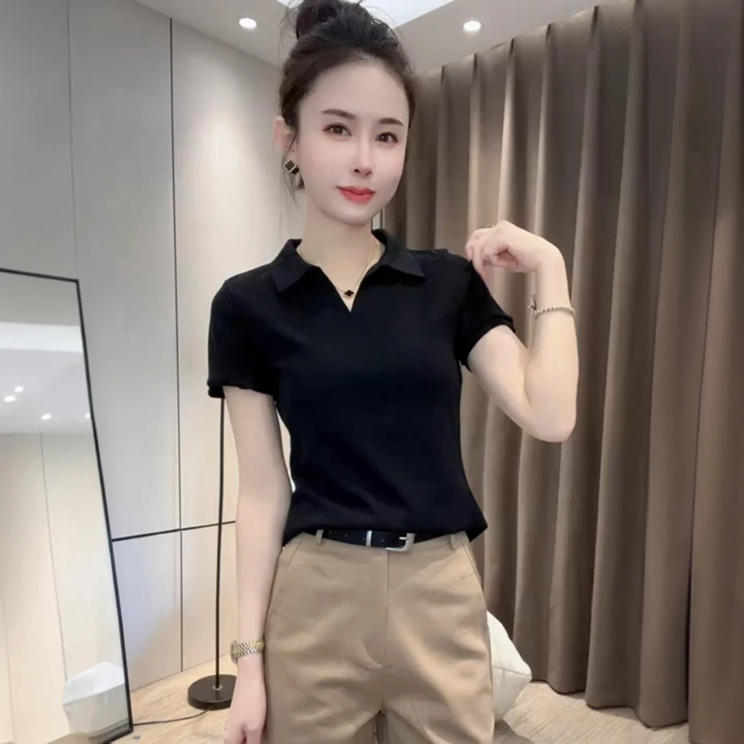 欧货polo领正肩夏季2025新款简约百搭修身黑色打底衫