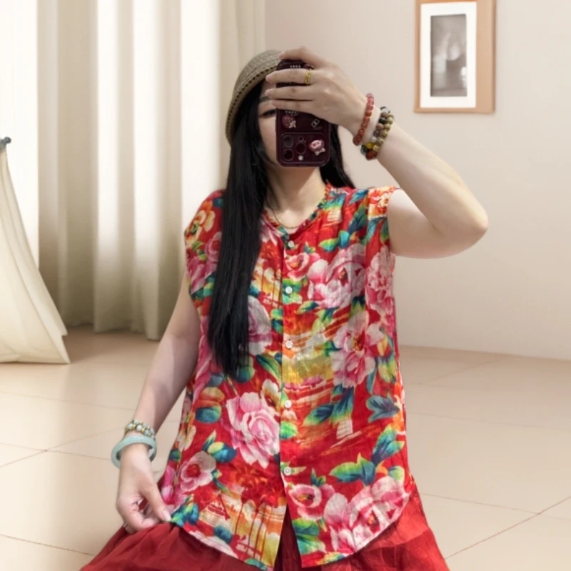 YL 依恋家2025轻薄苎麻复古印花文艺宽松衬衫（单件上衣）