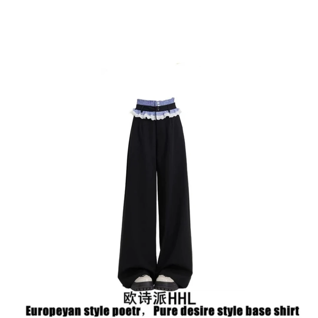 假两件屁帘直筒休闲裤女韩系百搭蕾丝花边格子拼接高腰垂感拖地裤