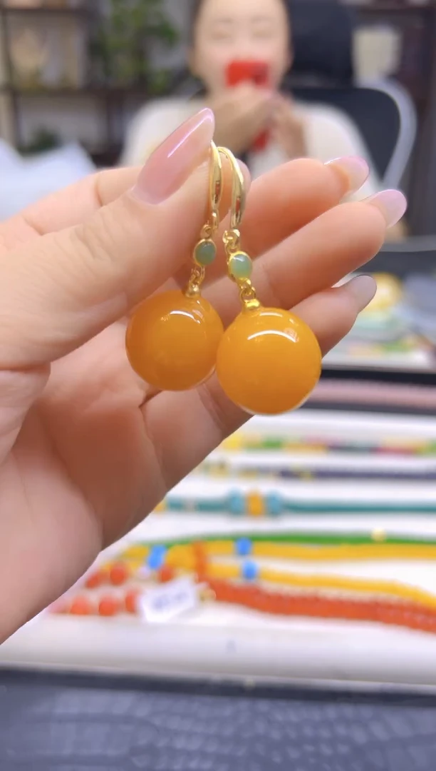 蜜蜡14K金镶嵌耳饰DIY款E893