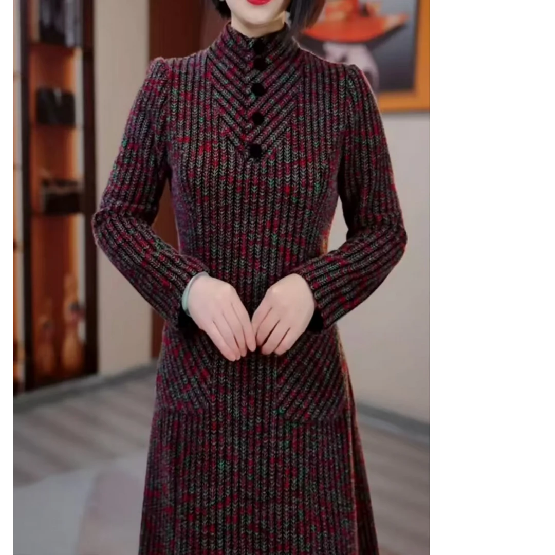 彩色条纹冬季新款修身显瘦遮肉连衣裙高雅复古大气保暖锁温