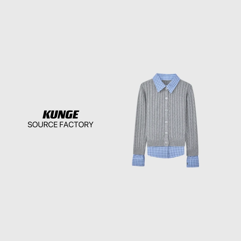 KUNGE-学院风绞花针织翻领假两件格纹毛衣 -8685