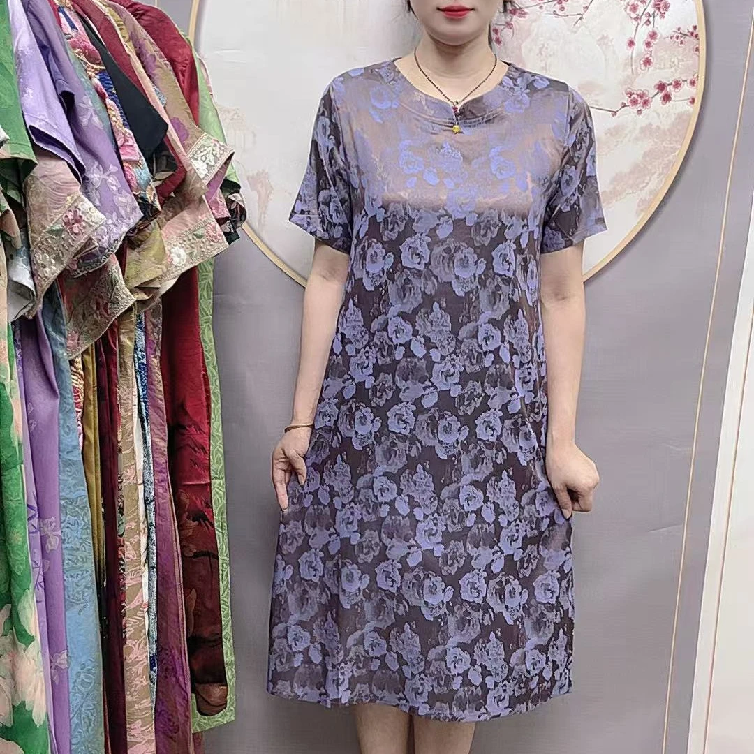 【紫蝶蓝旗袍】2025夏季妈妈装气质短袖连衣裙洋气中年女装宽松长裙