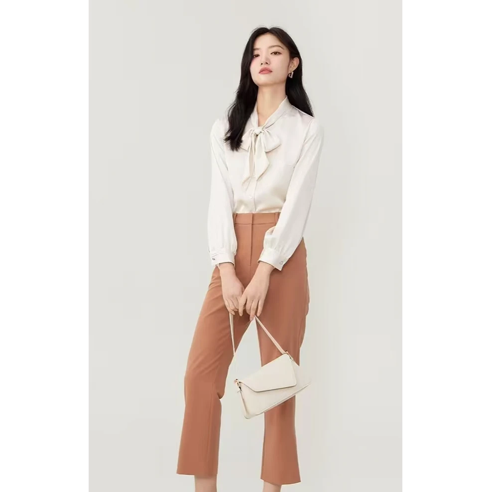 P家缎面飘带衬衫时尚气质通勤百搭轻奢女士设计感设计感小众