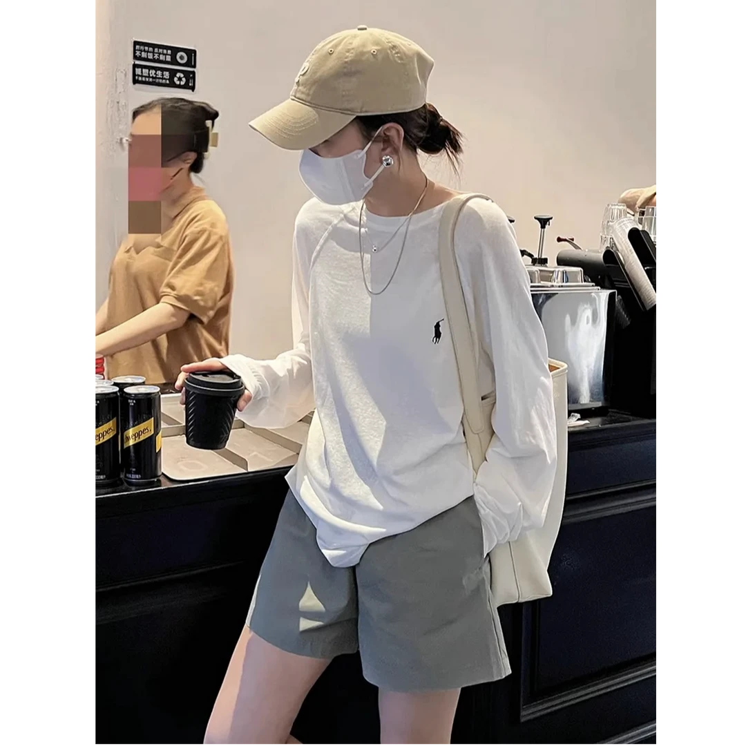 早春慵懒风宽松休闲秋季白色上衣长袖打底衫T恤女插肩袖百搭圆领