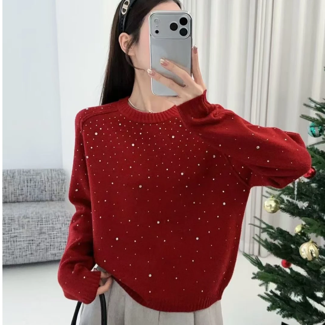 新年圣诞红色烫钻休闲针织衫女2025冬季新款洋气百搭圆领套头毛衣