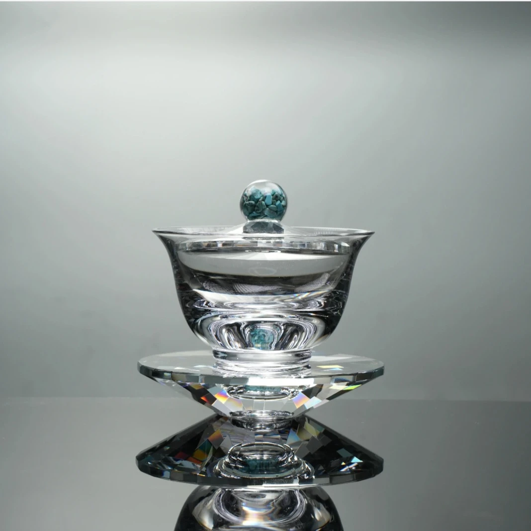 精泓堂“绿瑛翠珏”顶奢透明不烫手大号高档水晶盖碗手工茶具