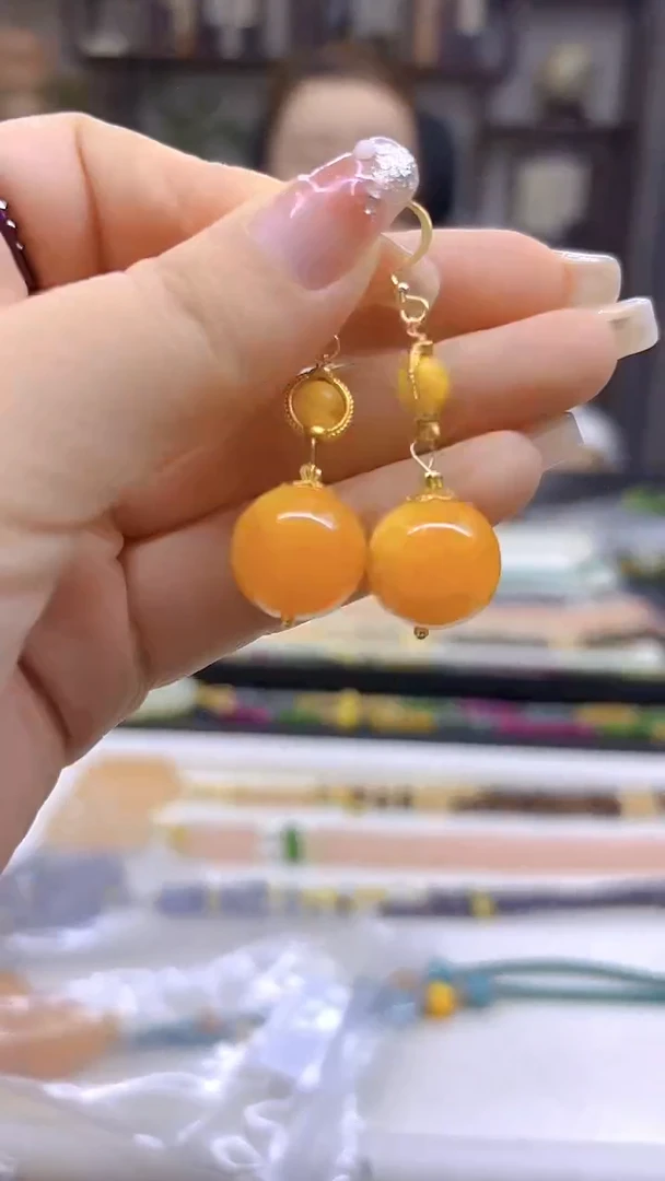 14K金镶嵌蜜蜡耳饰DIY款E496