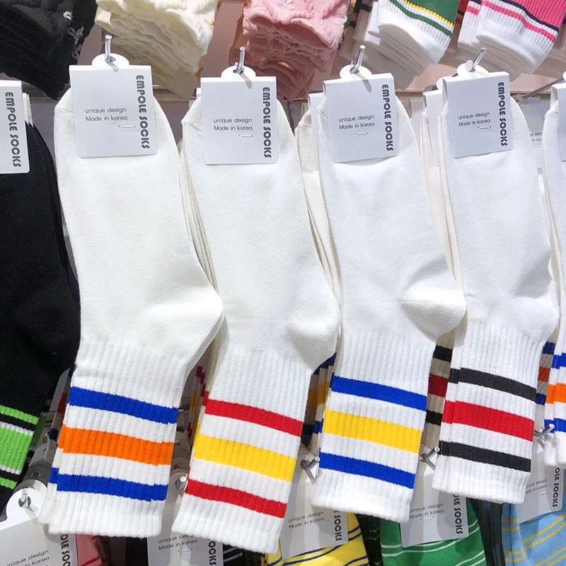 EMPOLE韩国袜子东大门进口学院风三杠条纹白色运动袜中筒女生棉袜