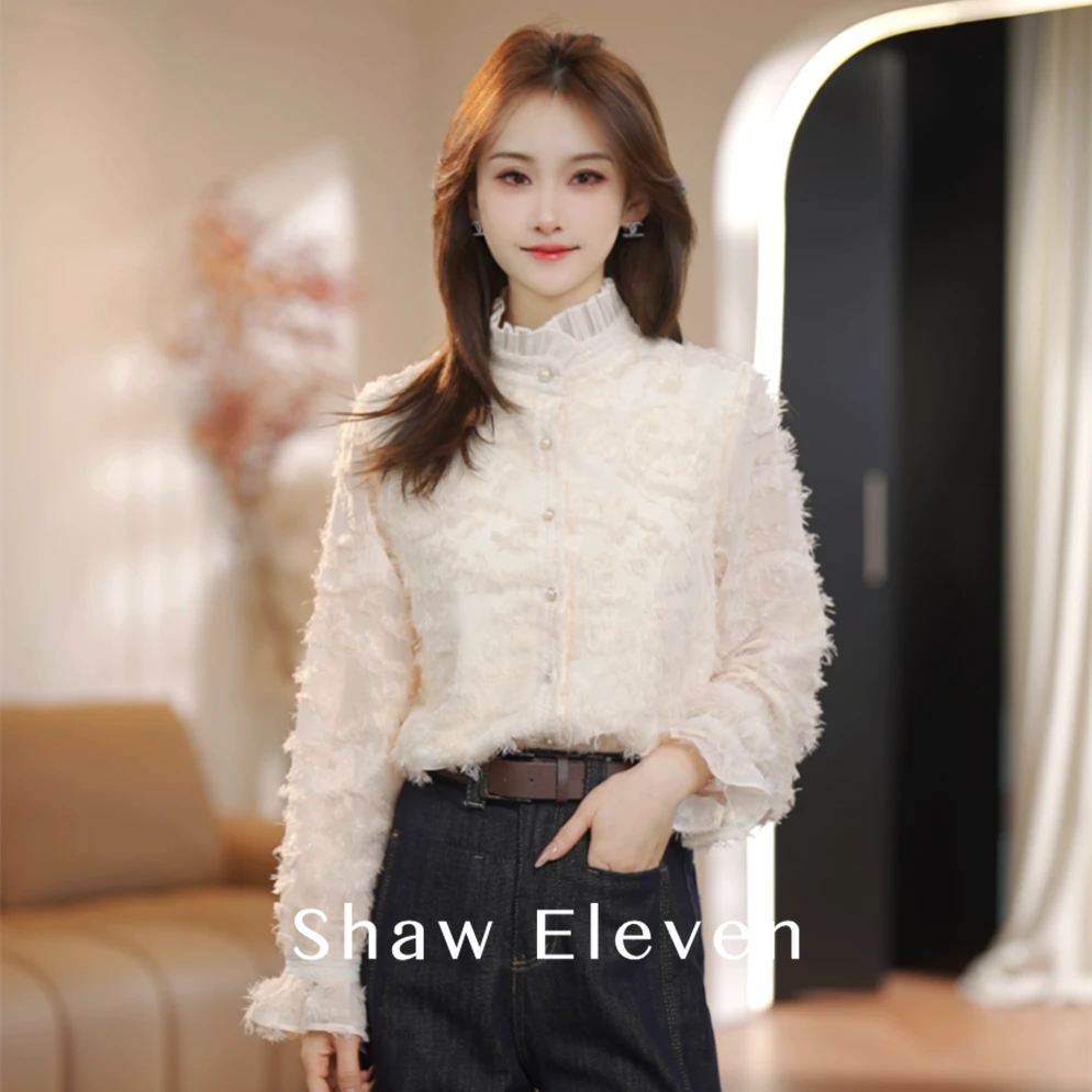 【ShawEleven】春季通勤加绒蕾丝领剪花衬衫木耳边绣花气质衬衣