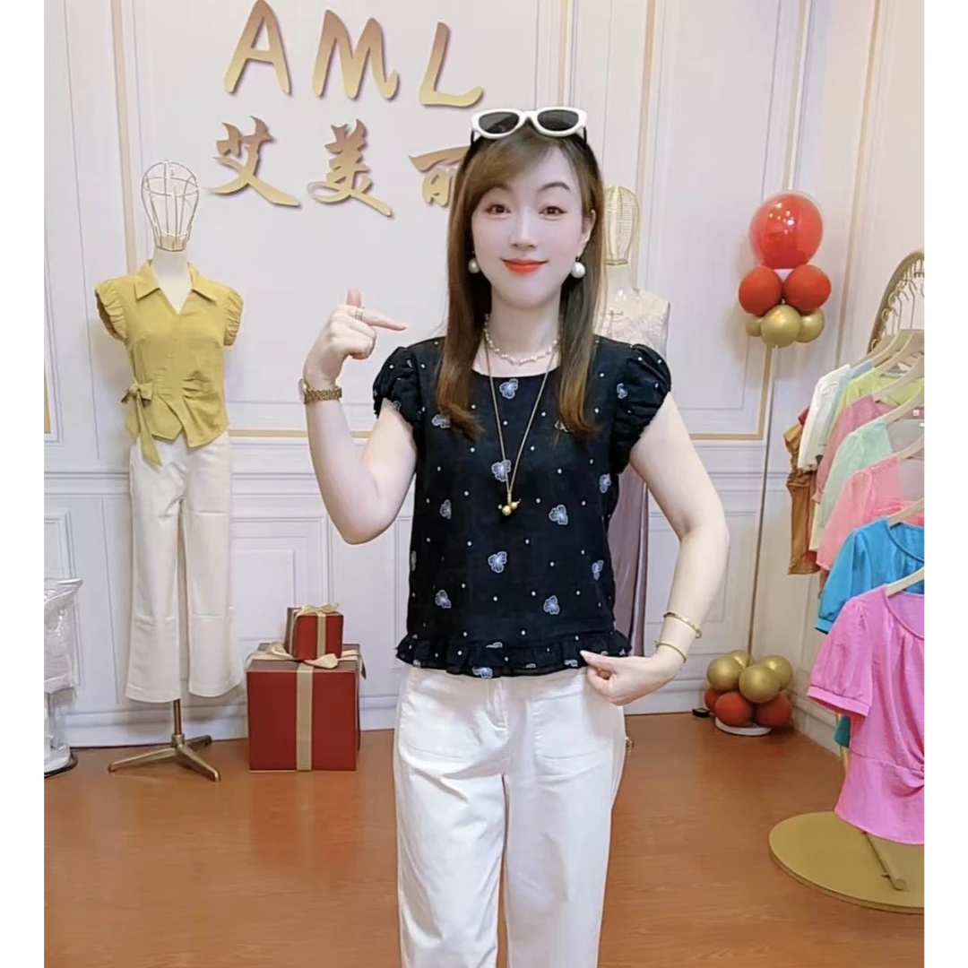 AML3 蝴蝶翩翩2025夏装圆领甜美时尚遮肚显瘦夏季短款减龄衬衫女