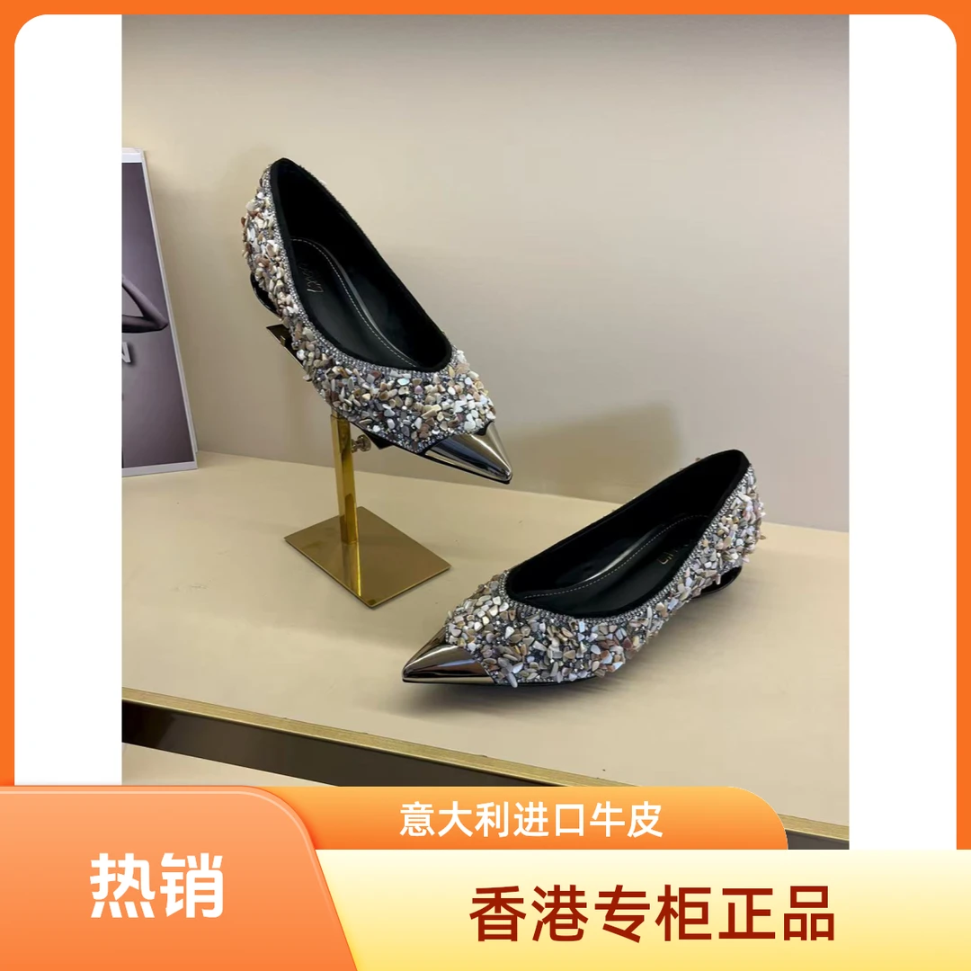 刘亦菲同款2025秋冬新款水钻时尚真皮牛皮尖头矮跟黑轻奢气质百搭